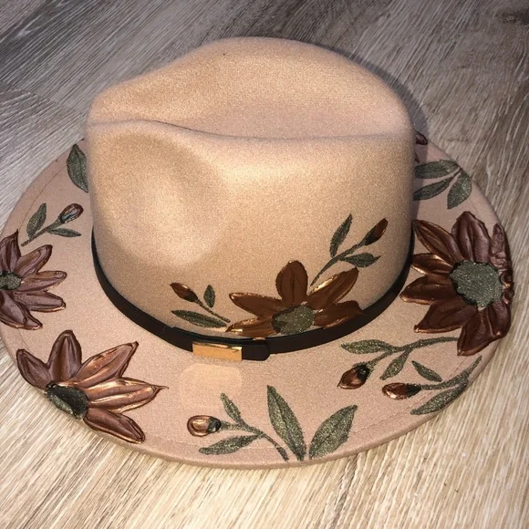 Custom painted floral summer hat Hand-painted Floral Fedora Hat, Suede Mexican Hat for Women  main image 2
